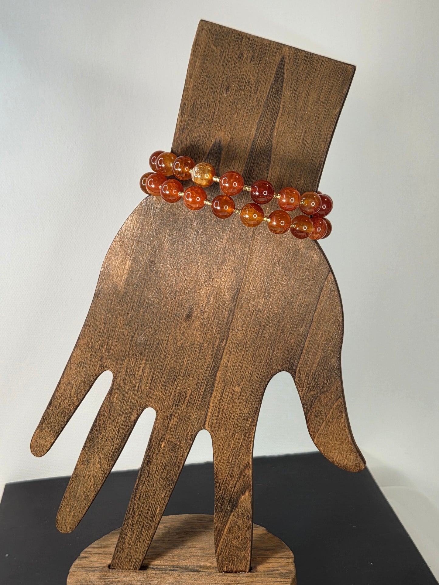 Fire Agate Beads with Gold Beads and Red Jasper Dangle Memory Wire Bracelet