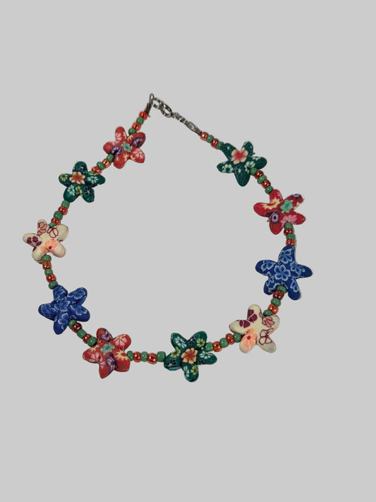 Multi-Colored Floral Ceramic Starfish With Multi-Colored Beads Anklet