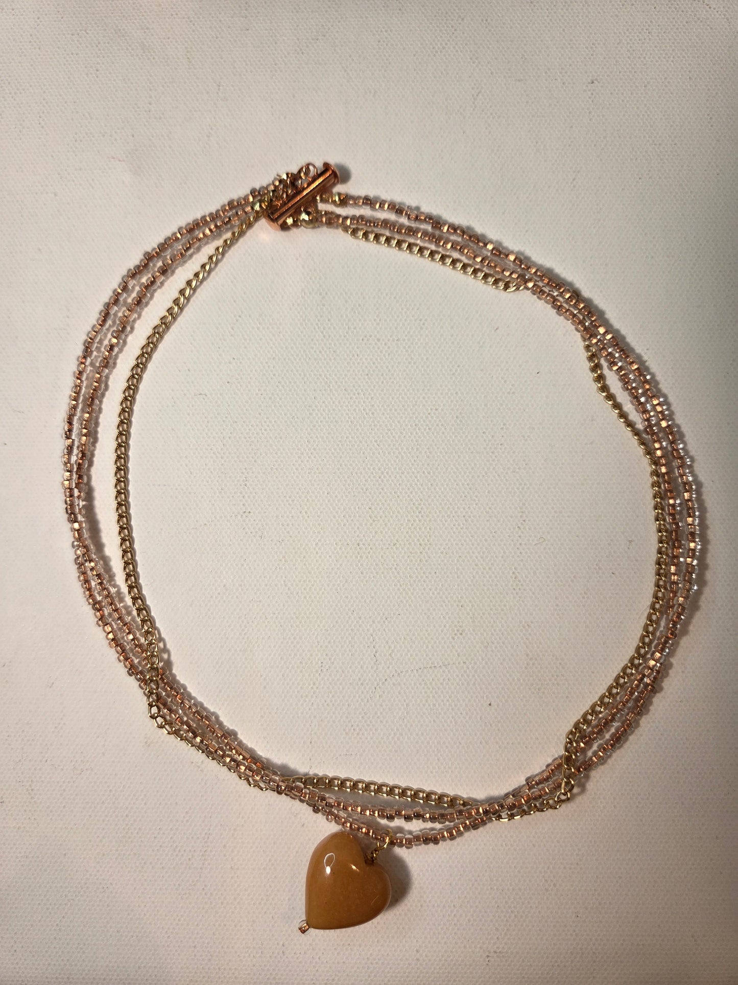 3-Strand Necklace Glass Beads Gold Chain with Carmel Heart Shaped Stone 18"