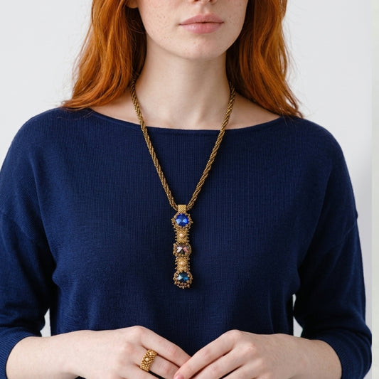 Necklace Gold Beaded with 3 Crystal Pendant with Button Clasp