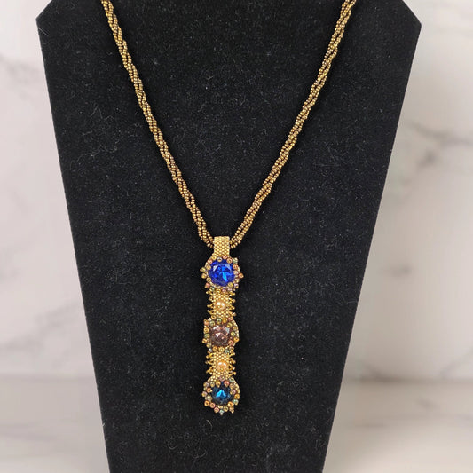 Necklace Gold Beaded with 3 Crystal Pendant with Button Clasp