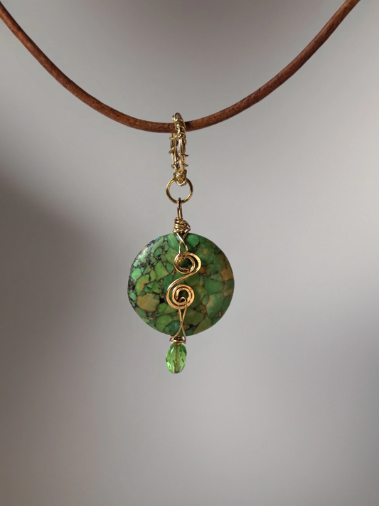 Green Stone Wire Wrap Pendant Leather Chain 20" Necklace