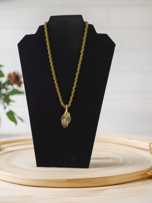 Green and Coral Stone Gold Wire Wrap With Beaded Chain Necklace