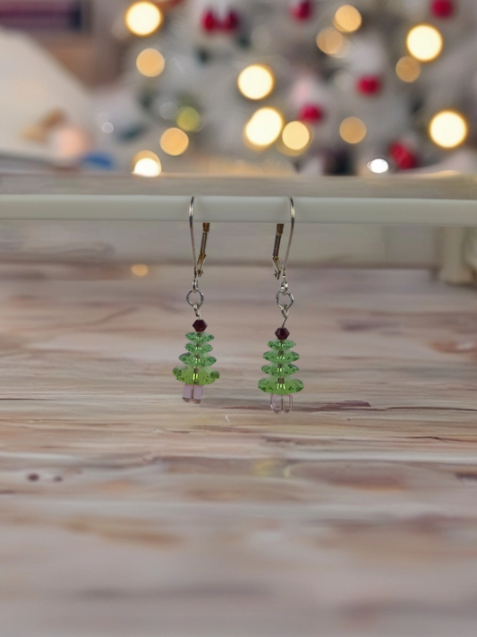 Green and Red Crystal Christmas Dangle Tree Earrings