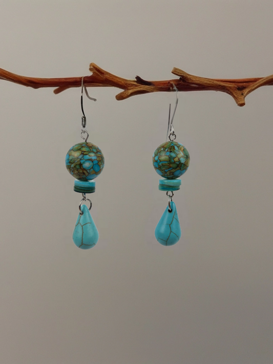 Blue and Tan Round Stone with Teardrop Beads and Silver Hook Earrings