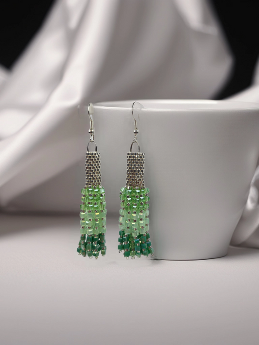 Green Ombre Square Glass Beaded Earring With Gold Beads