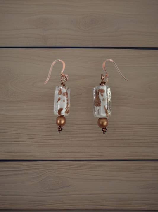 White and Gold Fleck with Gold Bead Earrings Copper Hook