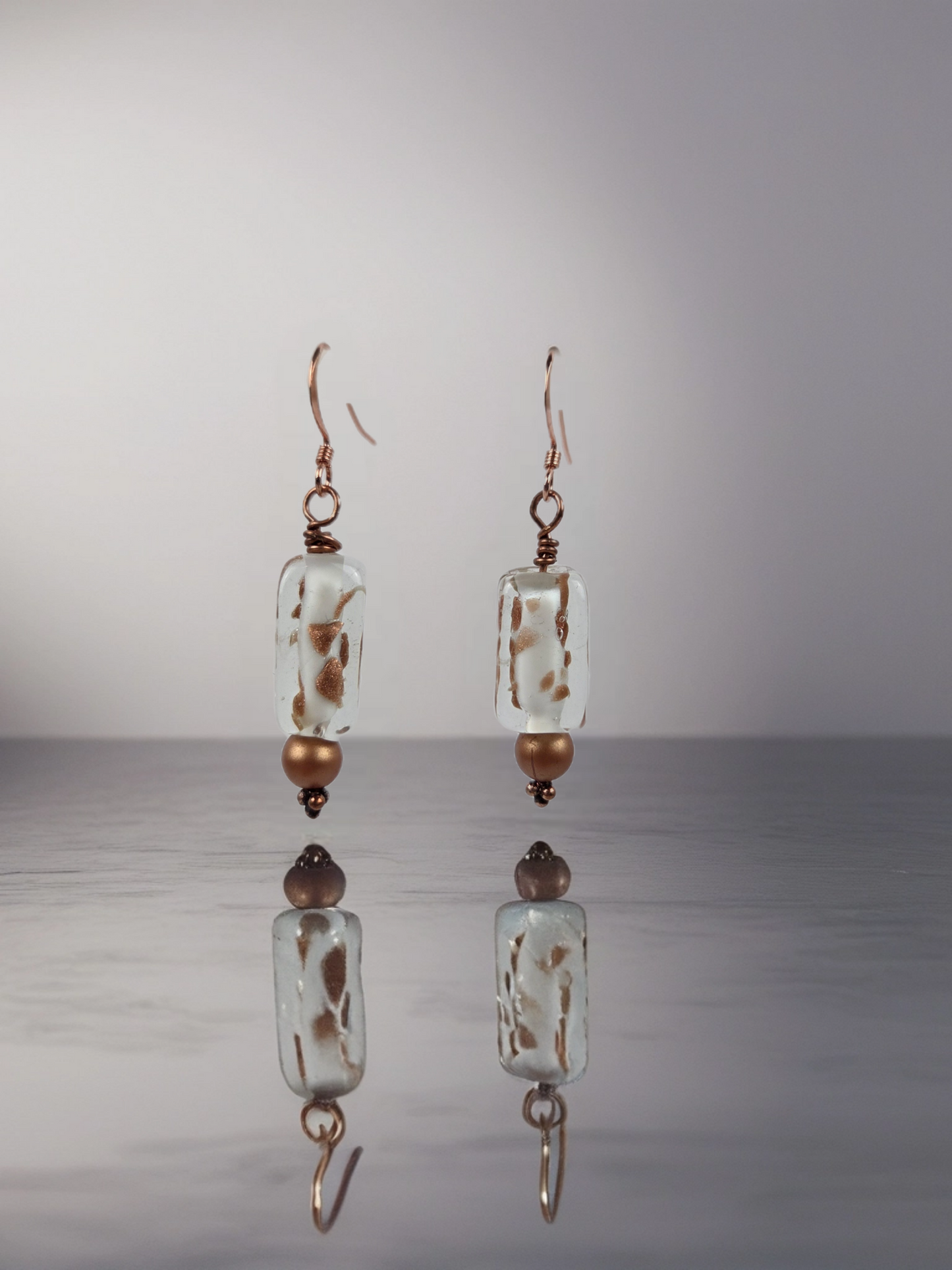 White and Gold Fleck with Gold Bead Earrings Copper Hook
