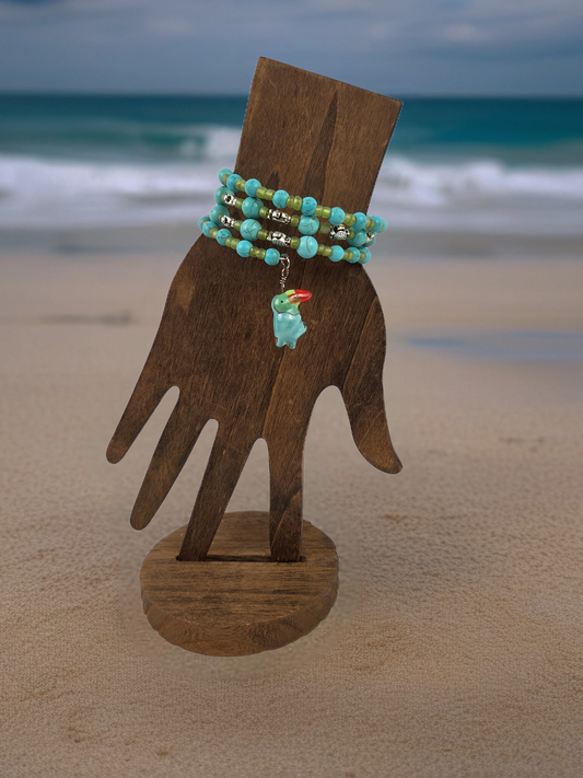 Bracelet with Turquoise Dyed Howlite Stone Green Glass Bead with Silver Turtle Charms with Toucan Dangle