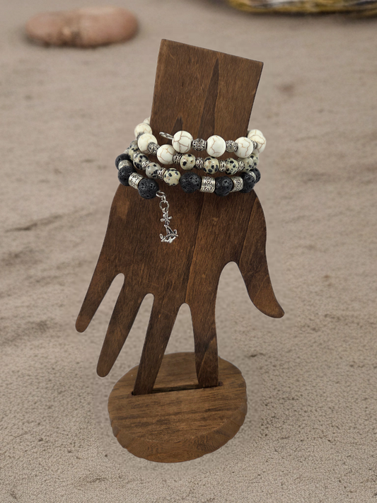 Dalmatian Jasper Lava Rock White Turquoise Bracelet with Silver Anchor Dangle