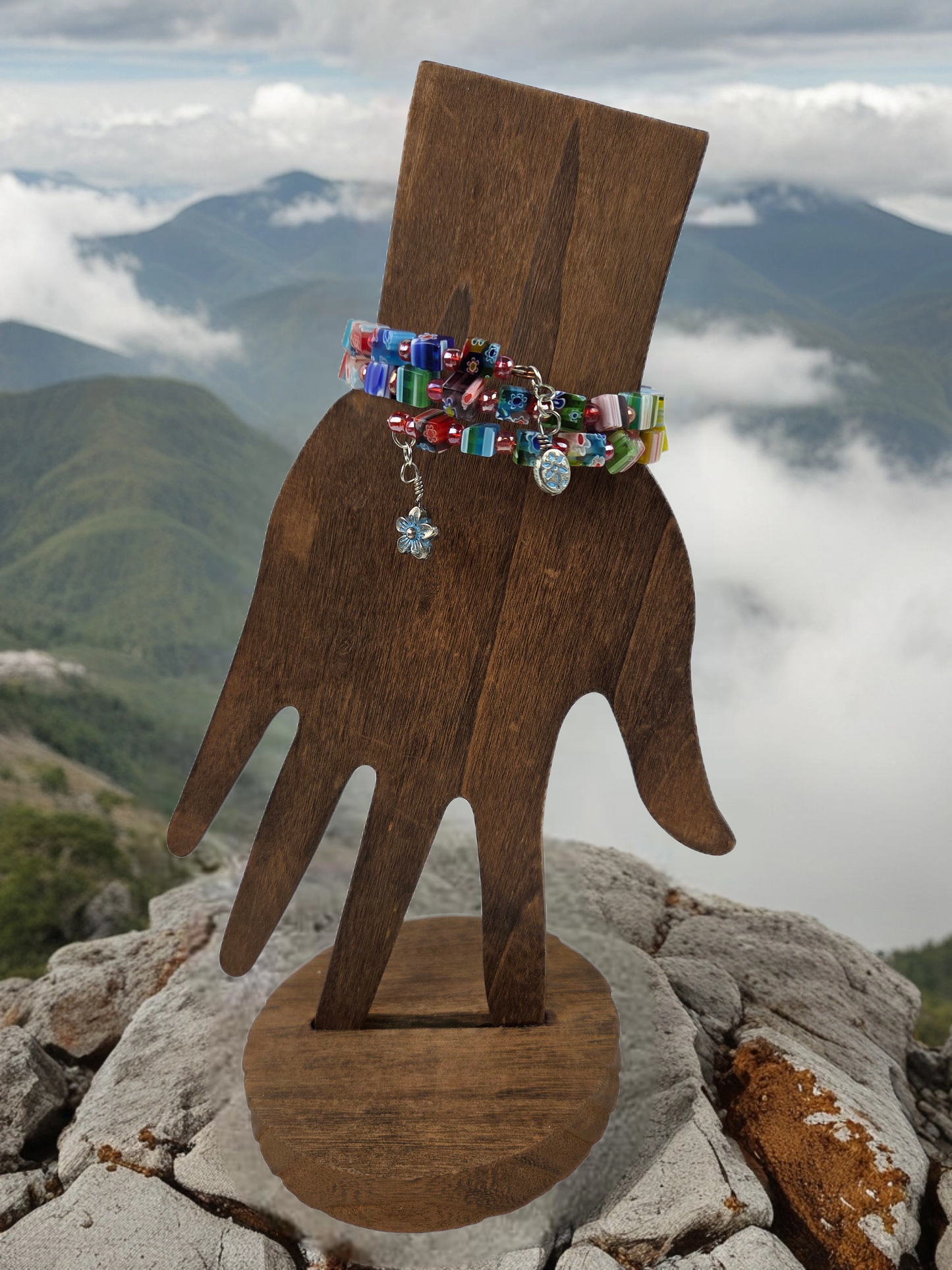 Bracelet with Cube Millefiori Multi-Color Glass Beads with Metal Floral Dangles