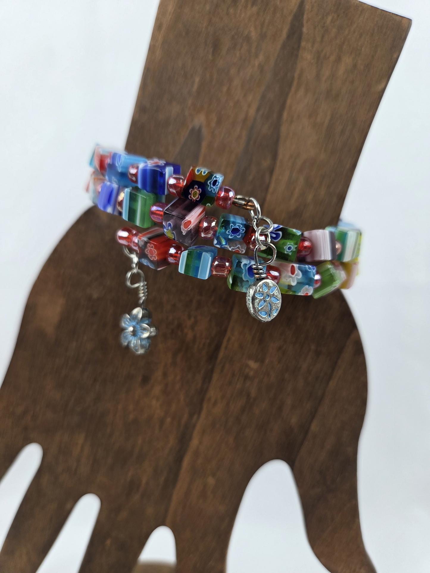 Bracelet with Cube Millefiori Multi-Color Glass Beads with Metal Floral Dangles