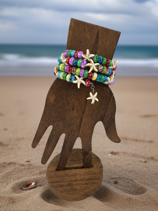 Tropical Memory Wire Glass Bead Bracelet with Starfish