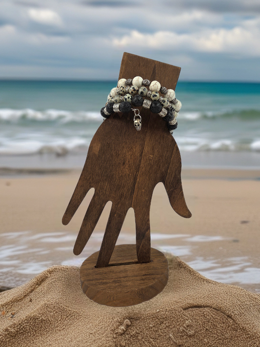 Dalmatian Jasper Lava Rock White Turquoise Bracelet with Silver Skull Dangle