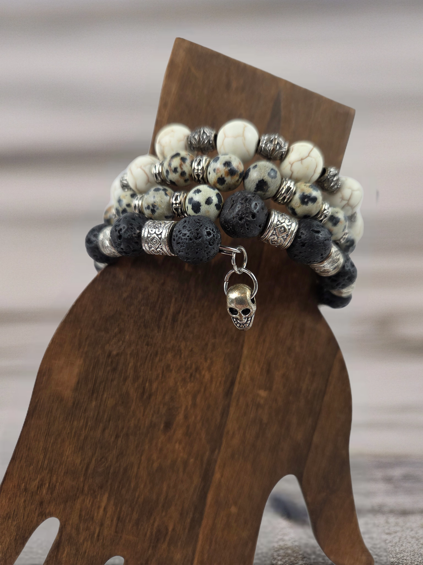 Dalmatian Jasper Lava Rock White Turquoise Bracelet with Silver Skull Dangle