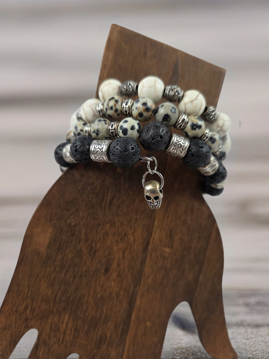 Dalmatian Jasper Lava Rock White Turquoise Bracelet with Silver Skull Dangle