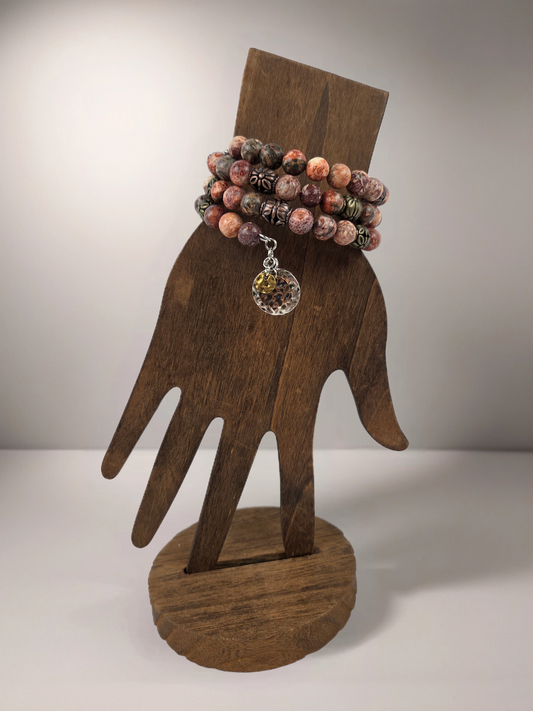 Brown Tan Jasper Stone Memory Wire Bracelet with Gold Copper and Silver Disc Dangle