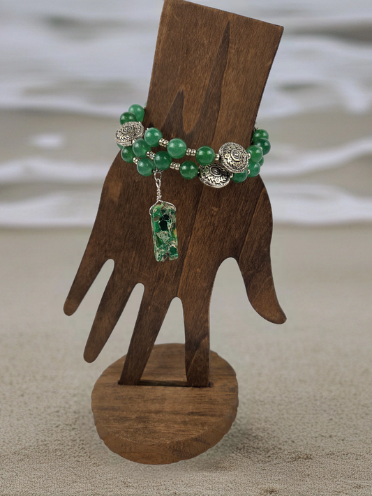 DK Green Aventurine Bracelet with Silver Charms Silver Beads and Green Jasper Dangle
