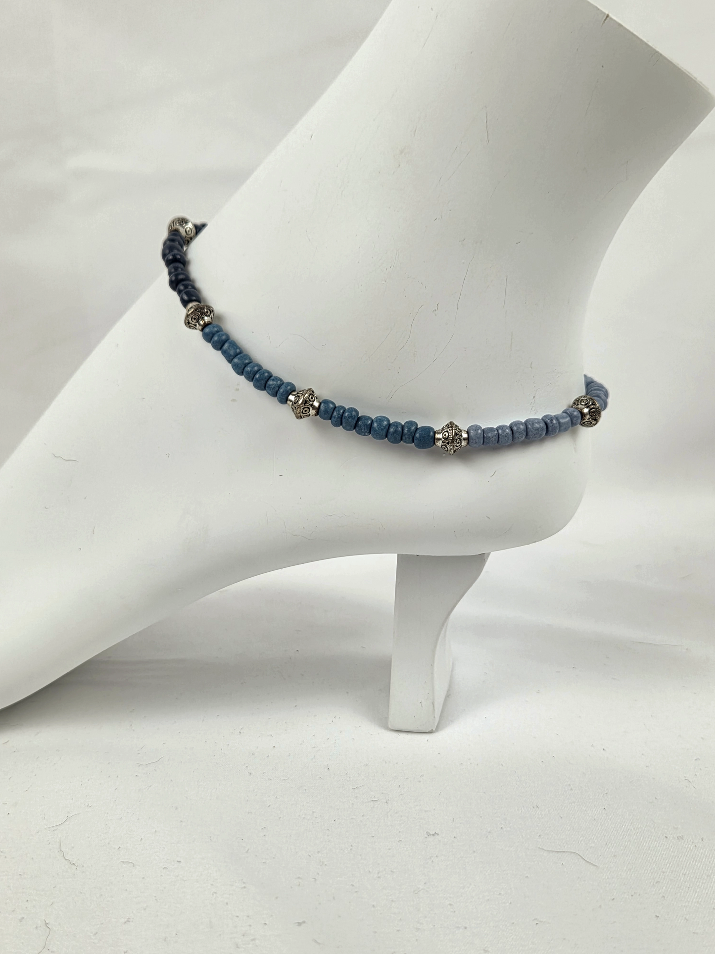 Blue Ombre Glass Bead Anklet with Silver Spacers