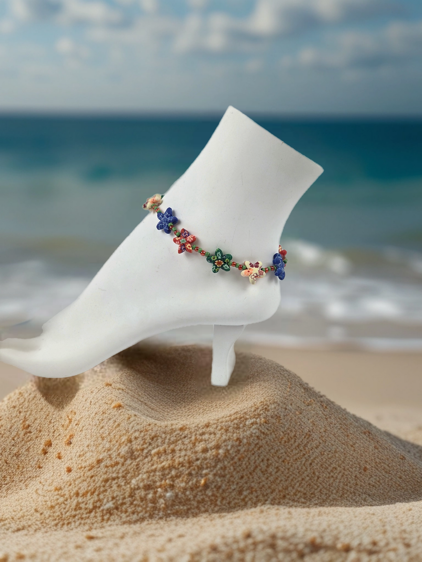 Multi-Colored Floral Ceramic Starfish With Multi-Colored Beads Anklet