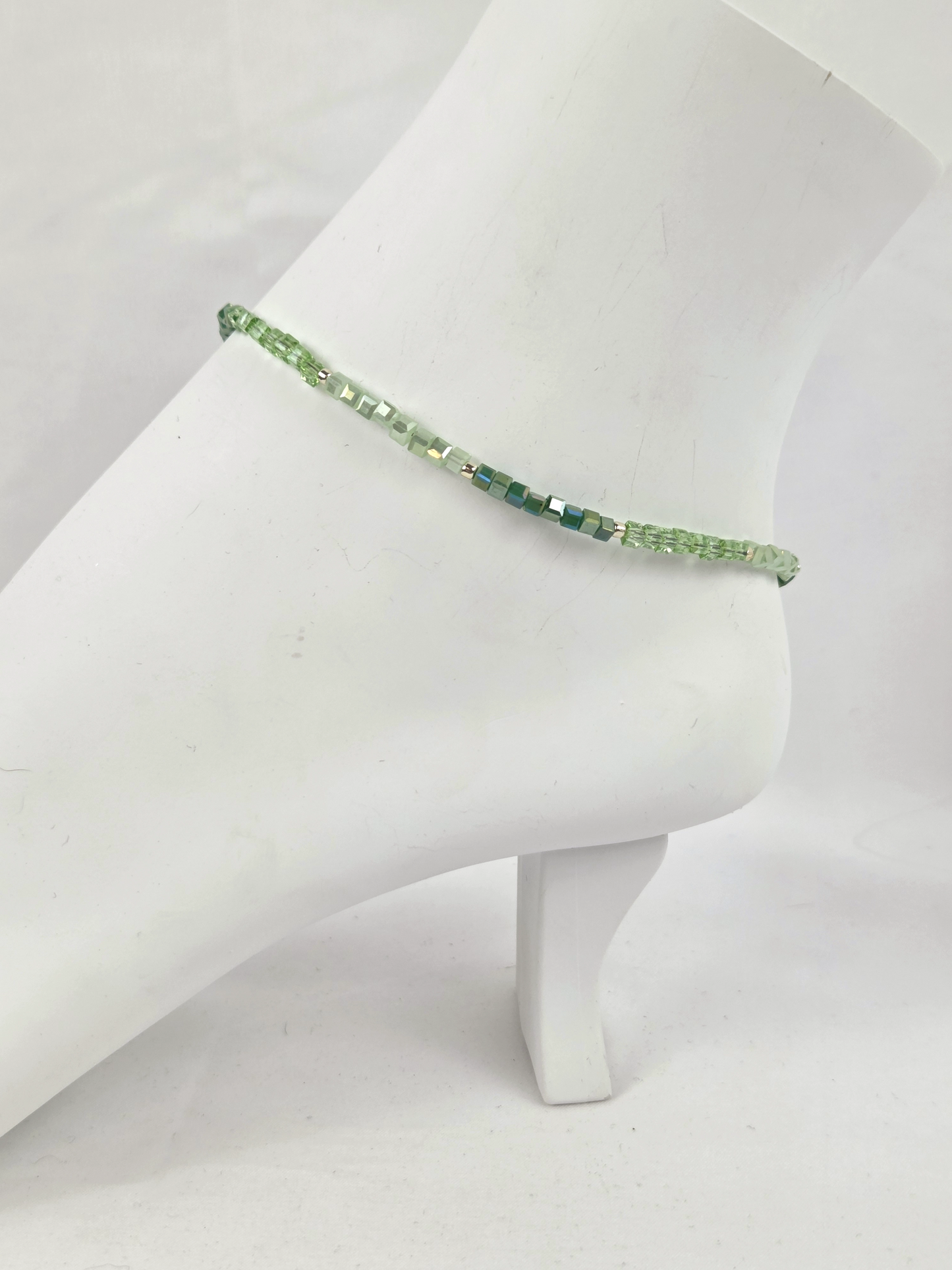 Green Ombre Square Glass and Silver Beads Anklet
