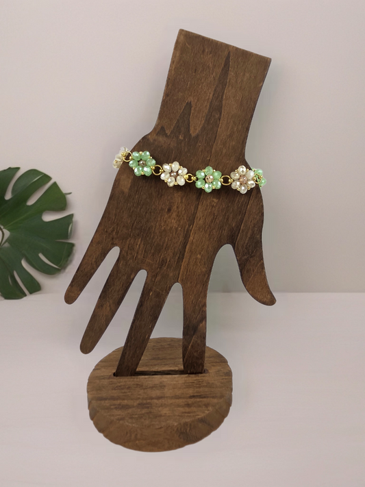Green White and Peach Crystal Flower Beaded Bracelet