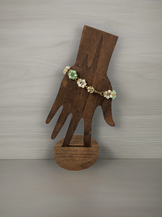 Green White and Peach Crystal Flower Beaded Bracelet