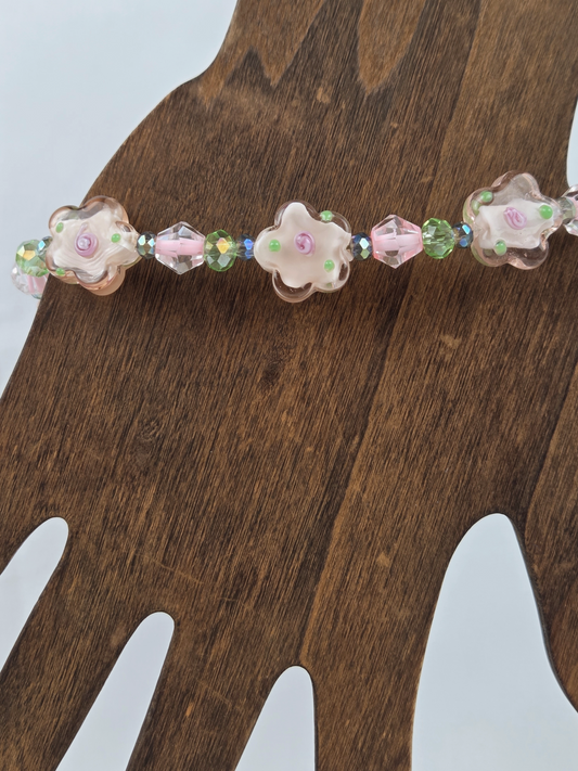 Pink and Green Floral Lampwork Beads with Green and Blue Crystals Bracelet
