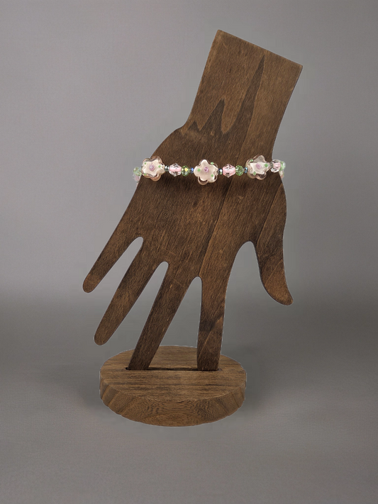 Pink and Green Floral Lampwork Beads with Green and Blue Crystals Bracelet