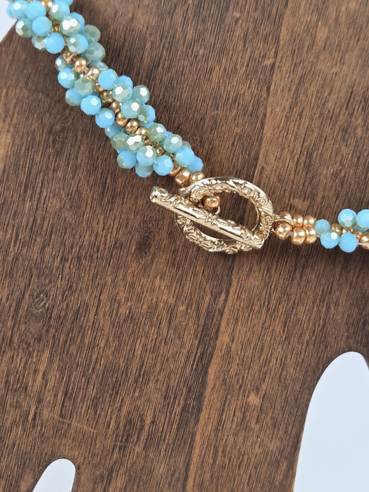 Light Blue Crystals and Gold Beads Spiral Bracelet