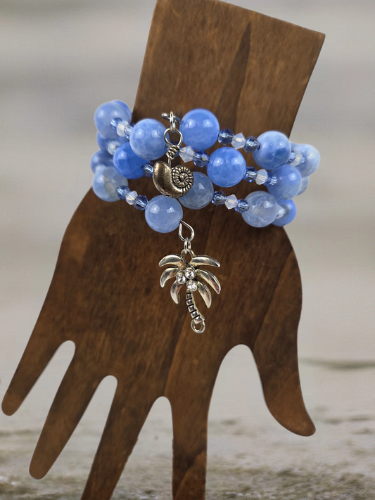 Bracelet Blue Crackle Glass Beads with Blue and White Crystals and Palm Tree Dangle