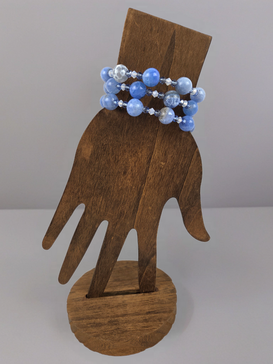 Bracelet Blue Crackle Glass Beads with Blue and White Crystals and Palm Tree Dangle