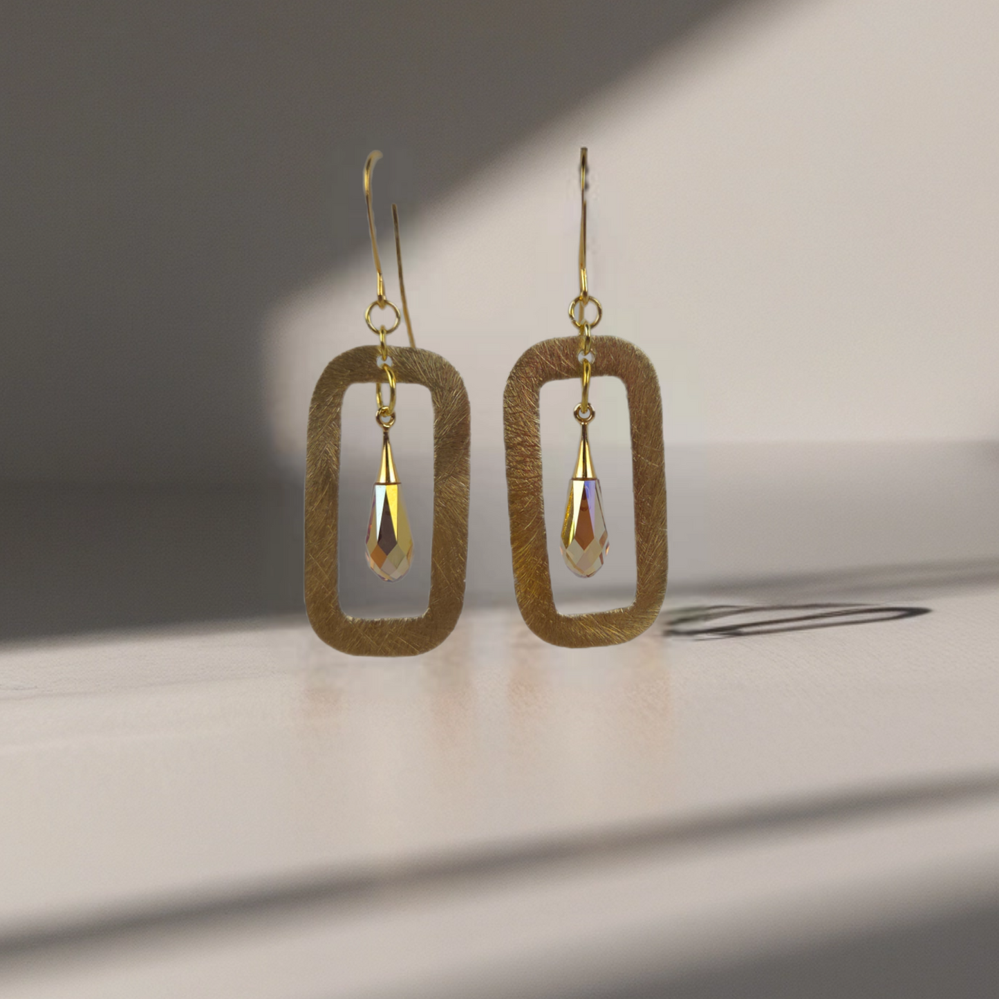 Gold Textured Rectangle with Gold Crystals Dangle Earrings