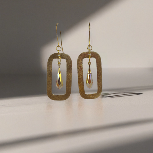 Gold Textured Rectangle with Gold Crystals Dangle Earrings