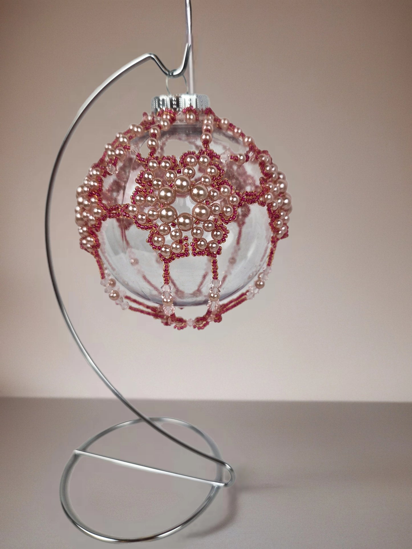 Round Ornament Pink Beaded Crystals 4" with Silver Stand 8.5"