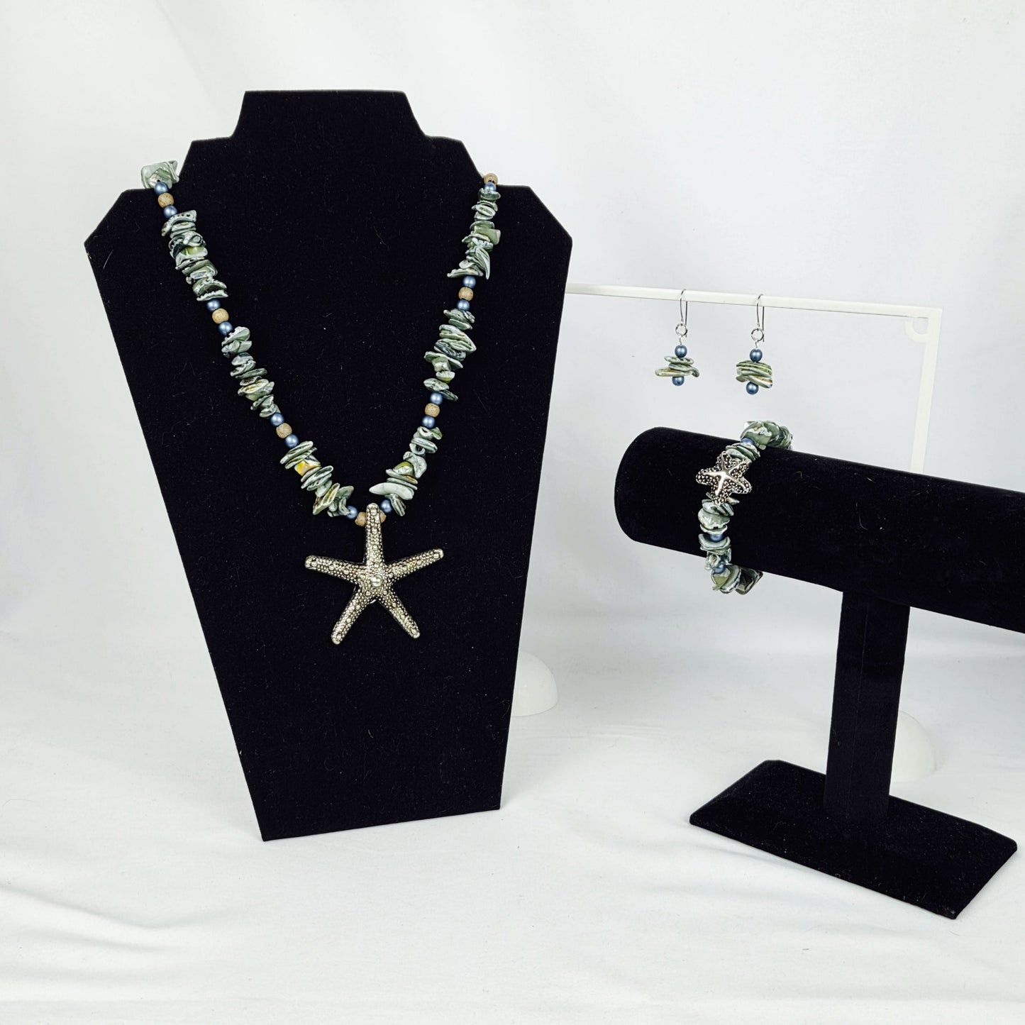 Necklace 21" Bracelet Earring Set Multi-Color Natural Shell Pearls Silver Tone Starfish Pendant
