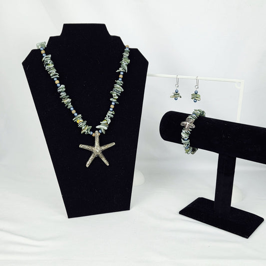 Necklace 21" Bracelet Earring Set Multi-Color Natural Shell Pearls Silver Tone Starfish Pendant