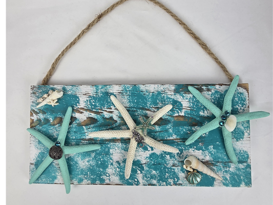Nautical Wall Sign Painted Wood with Beaded Elements Charms Starfish 12" x 5.5"