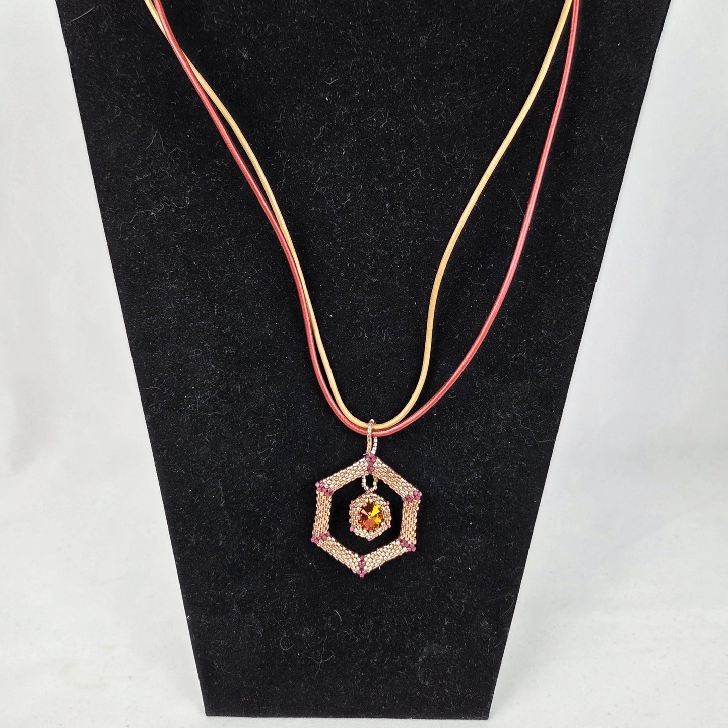 Necklace Gold Crystal Pendant Gold Copper Leather Straps 20" Lobster Clasp