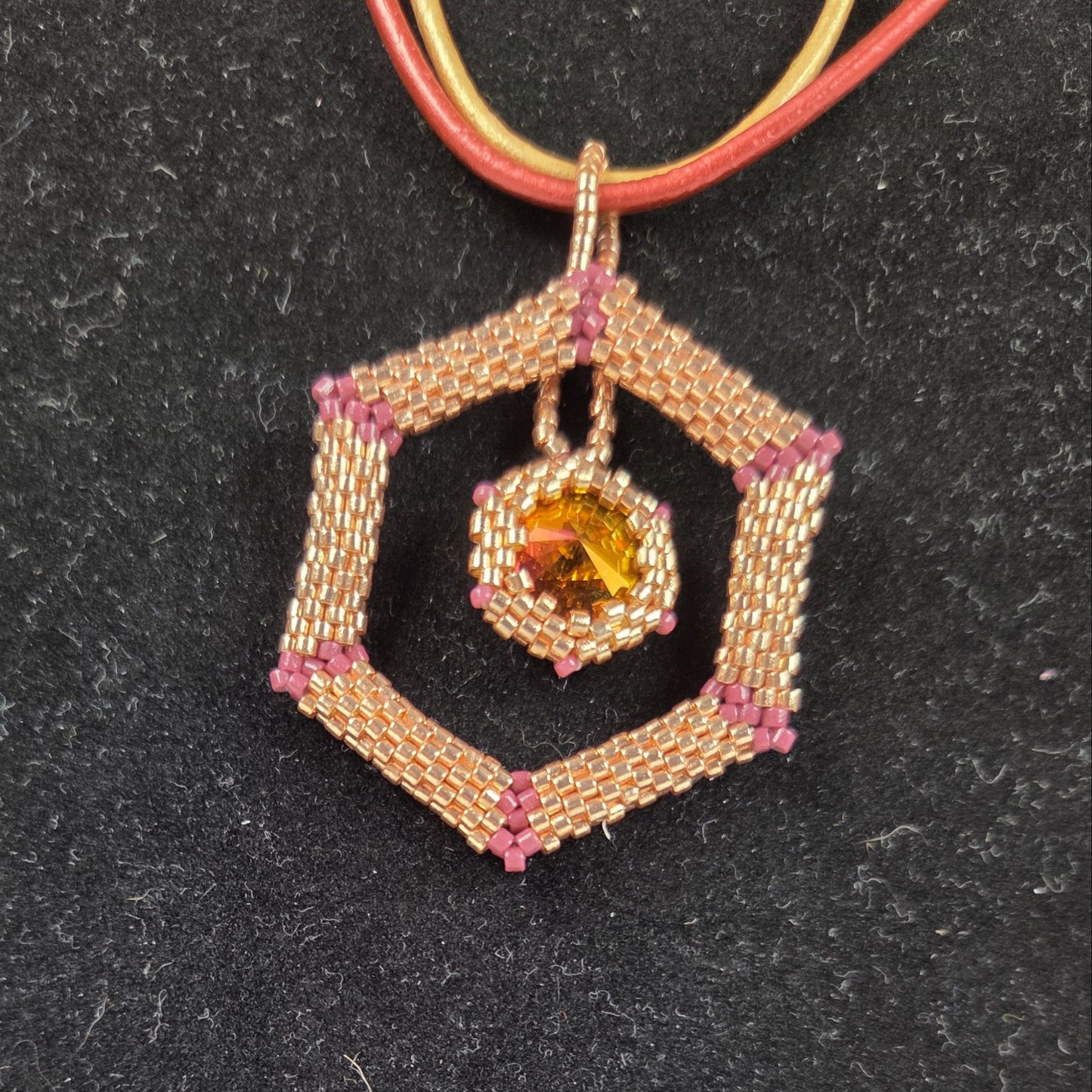 Necklace Gold Crystal Pendant Gold Copper Leather Straps 20" Lobster Clasp