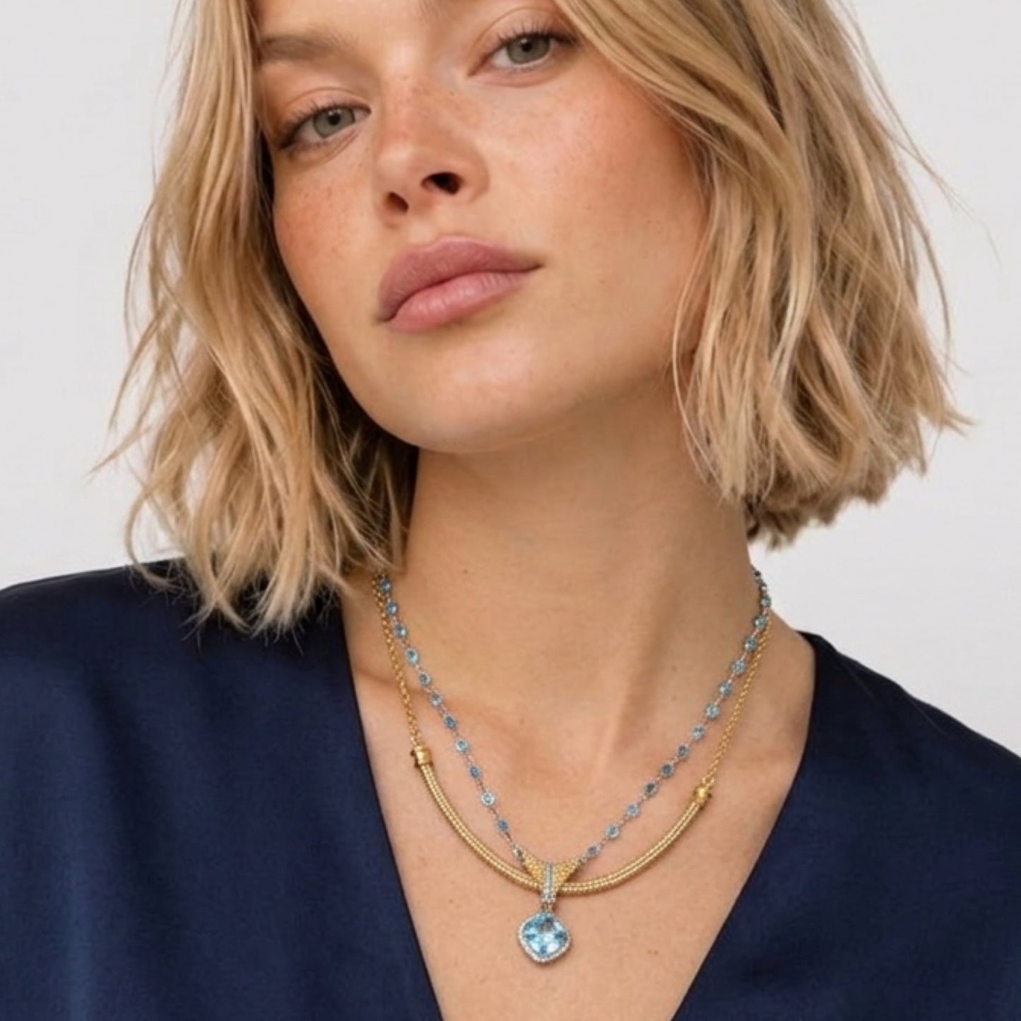 Necklace Gold and Silver Beads 22" Aqua Crystal with Crystal Chain Lobster Clasp