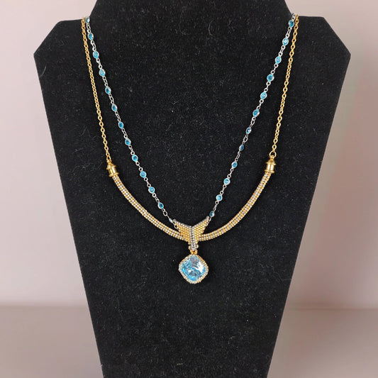 Necklace Gold and Silver Beads 22" Aqua Crystal with Crystal Chain Lobster Clasp
