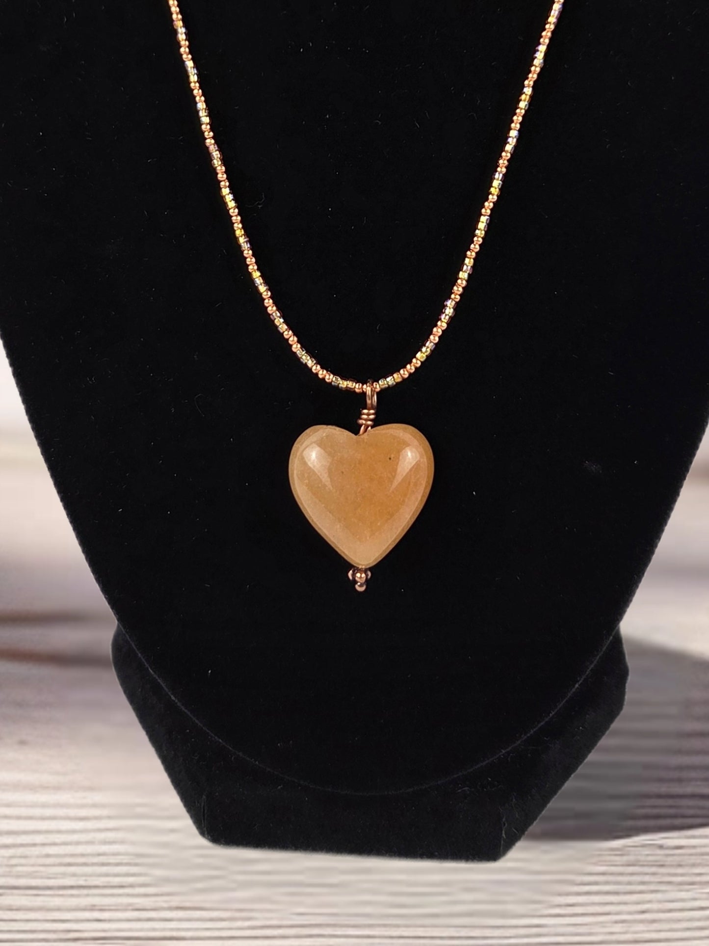 Multi-Color Bead Necklace with Amber Colored Heart Shaped Stone Pendant 16"