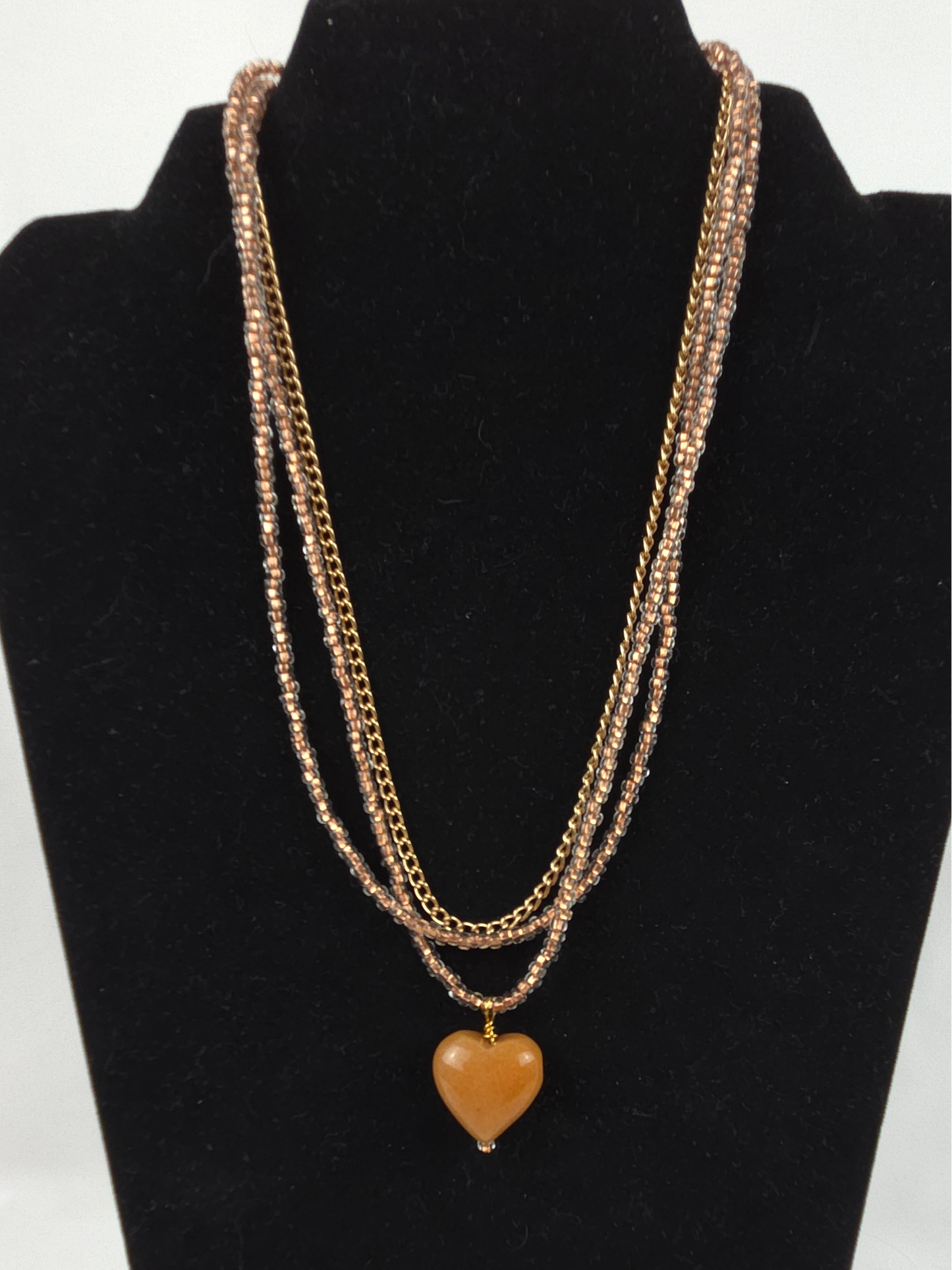 3-Strand Necklace Glass Beads Gold Chain with Carmel Heart Shaped Stone 18"