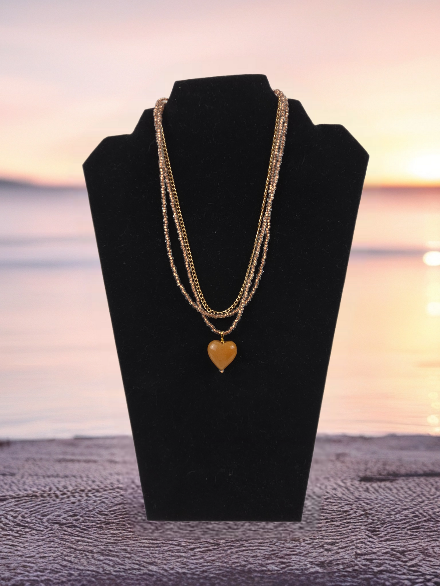 3-Strand Necklace Glass Beads Gold Chain with Carmel Heart Shaped Stone 18"