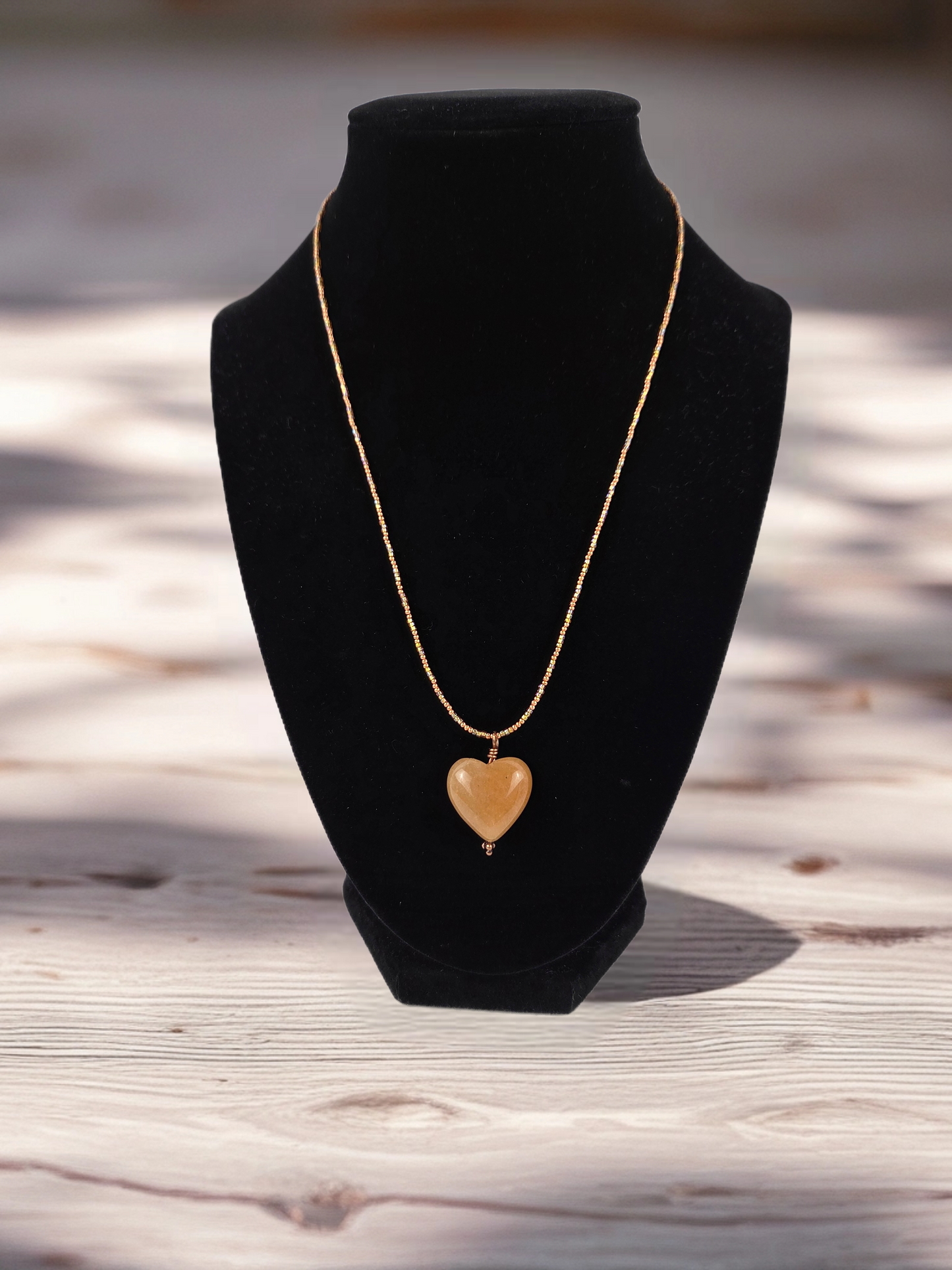 Multi-Color Bead Necklace with Amber Colored Heart Shaped Stone Pendant 16"