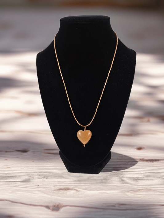 Multi-Color Bead Necklace with Amber Colored Heart Shaped Stone Pendant 16"