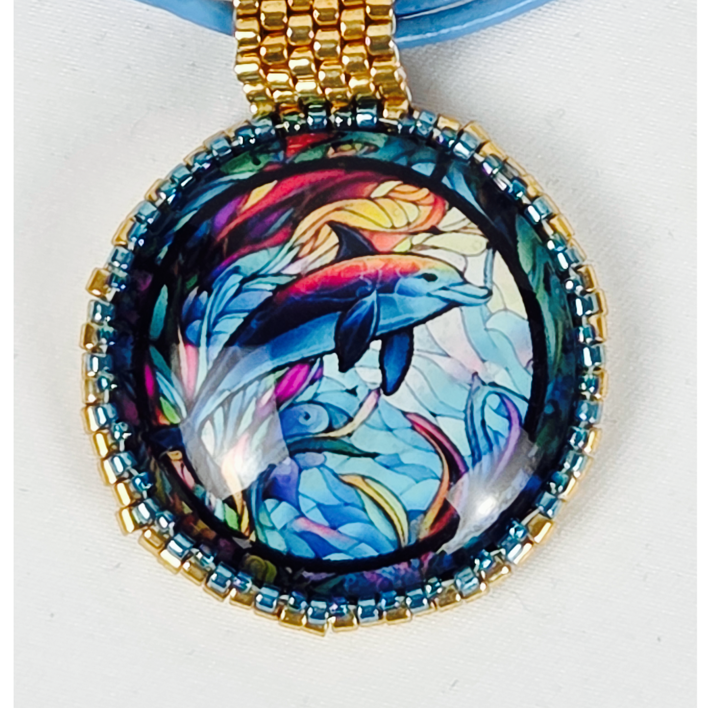 Necklace Beaded Dolphin Pendant 18" Turquoise Leather Strap