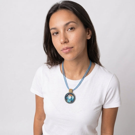 Necklace Beaded Dolphin Pendant 18" Turquoise Leather Strap