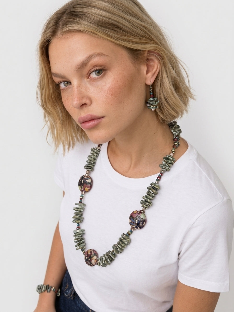 Necklace Bracelet Earrings Set Multi-Color Natural Shell Pearl Glass Beads Dragonfly Beads 26"